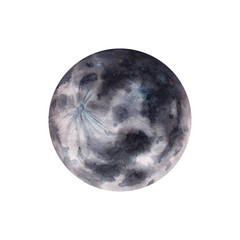 Big watercolor moon illustration. Symbol of new beginning, dreaming, romance, fantasy, magic. Black, grey colors, circle, full view. Hand drawn water colour painting, isolated on white background