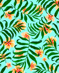 Tropical  palm leaves seamless pattern and plumeria flowers.