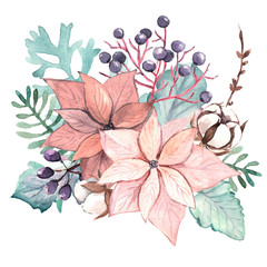 Watercolor Christmas botanical illustration. Floral frame made of cotton, fern, poinsettia, berries. Scandinavian nature design.