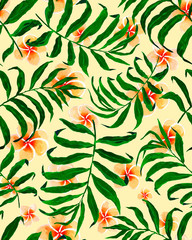 Tropical  palm leaves seamless pattern and plumeria flowers.