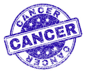 CANCER stamp seal watermark with distress texture. Designed with rounded rectangles and circles. Blue vector rubber print of CANCER label with scratched texture.