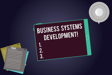 Writing note showing Business Systems Development. Business photo showcasing process of defining and developing systems Tablet Screen Cup Saucer and Filler Sheets on Color Background