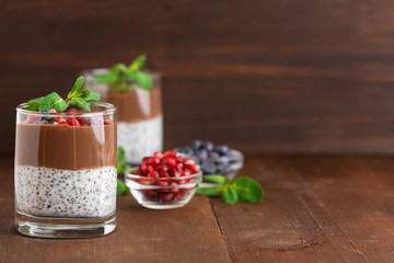 Chocolate chia pudding in glass on dark wooden background. With copy space