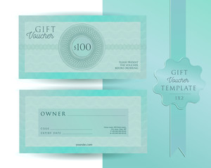 turquoise green blue template for 100 dollars gift voucher with guilloche watermarks. Double-sided coupon with fields to fill. The aspect ratio is 2 to 1. front and back sides have a different design.