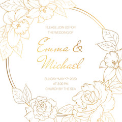 Floral wreath round frame rose peony narcissus daffodil spring flowers. Beautiful wedding invitation card. - 247218863