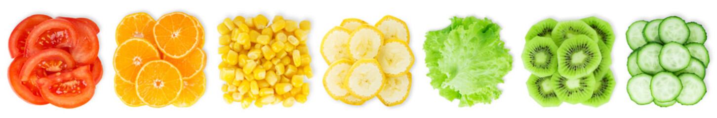 Collection of sliced fruits and vegetables on white