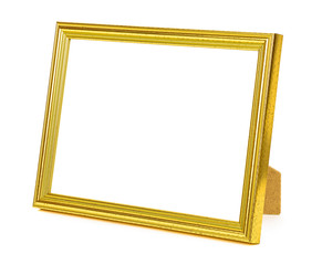 Standing golden picture frame on white background