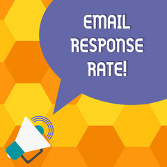 Handwriting text Email Response Rate. Concept meaning percentage showing saw something then completed action Megaphone with Sound Volume Icon and Blank Color Speech Bubble photo