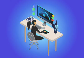 Woman, designer, analyst programmer at Work. Isometric style. vector illustration. Сomputer, PC, CD, coffe, table, book, energy. 