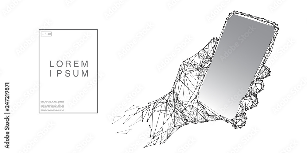Poster hand holding smartphone icon form lines and triangles with point connecting network