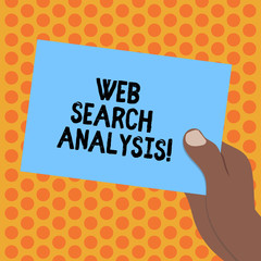 Writing note showing Web Search Analysis. Business photo showcasing investigate particular interactions among sites searcher Drawn Hu analysis Hand Holding Blank Color Paper Cardboard