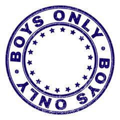 BOYS ONLY stamp seal imprint with grunge texture. Designed with round shapes and stars. Blue vector rubber print of BOYS ONLY tag with dust texture.