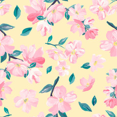 Seamless background pattern of pink Sakura blossom or Japanese flowering cherry symbolic of Spring suitable for textile, wrapping,  fabric. - 247220800