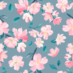 Fototapeta premium Seamless background pattern of pink Sakura blossom or Japanese flowering cherry symbolic of Spring suitable for textile, wrapping, fabric.