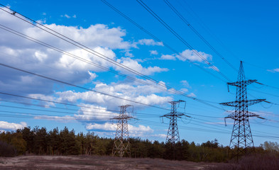  high-voltage  power lines at clouds and pine forest.