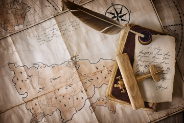 Vintage old map with the subject of the traveler, pilot