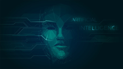 Concept of artificial intelligence face, robot face combined with electronic circuit, machine learning, cyber mind education