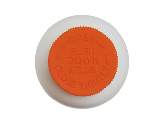 Orange safety cap for white pill bottle isolated on white background. Top view