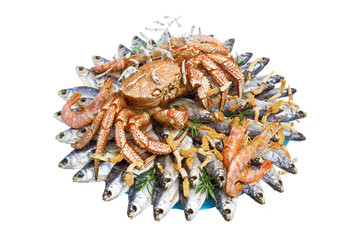 Big hairy boiled crab sits on a heap of dried salted fish on a gift bouquet