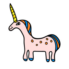 Cute colorful hand drawn smiling unicorn in profile with thin line contour isolated on white background. Vector illustration.   