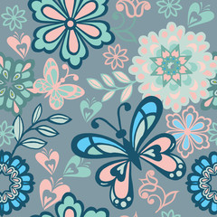 Folk floral seamless pattern with blue and pink butterflies. Vintage flowers ornament with butterflies in blue colors. Decorative ornament backdrop for fabric, textile, wrapping paper