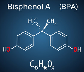 Bisphenol A (BPA) molecule. Structural chemical formula on the dark blue background