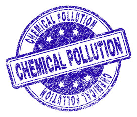 CHEMICAL POLLUTION stamp seal watermark with grunge style. Designed with rounded rectangles and circles. Blue vector rubber print of CHEMICAL POLLUTION label with grunge texture.