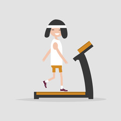young character doing exercise with treadmill.flat cartoon design