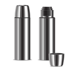 Realistic 3d Detailed Shiny Metal Thermos Set. Vector
