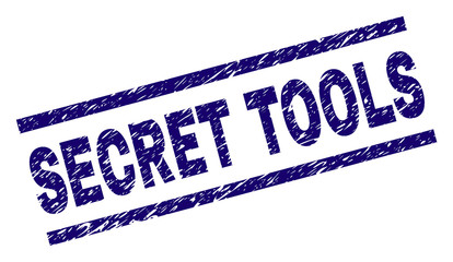 SECRET TOOLS seal print with scratced style. Blue vector rubber print of SECRET TOOLS title with unclean texture. Text title is placed between parallel lines.