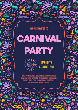 Concept of Carnival Party invitation with colorful background with serpentines. Vector