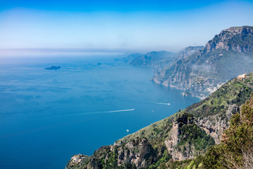 Aerial view of Positano town and Amalfi coast  from hiking trail 