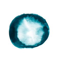 Beautiful watercolor ink drops on white paper, paint bleed Bloom, with turquoise circle organic flow expanding, splatter spreading on clear background. Perfect for motion graphics, digital.