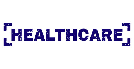 HEALTHCARE text seal print with grunge style. Text label is placed inside corners. Blue vector rubber print of HEALTHCARE with grunge texture.