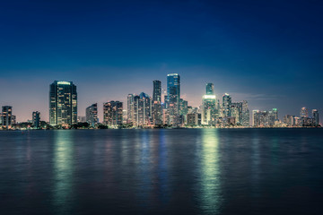 Fototapeta na wymiar Miami city downtown at night in South Florida. Blue tone