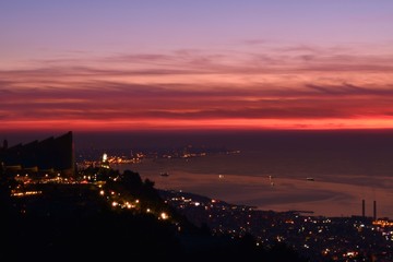 dramatic dusk over mediterranean sea and Beirut shot from Harissa, Mount Lebanon