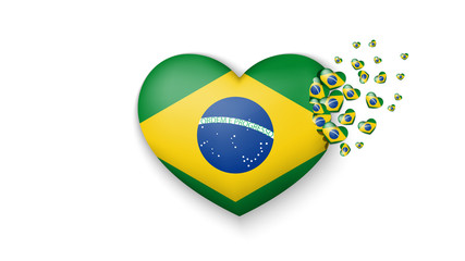 National flag of Brazil in heart illustration. With love to Brazil country. The national flag of Brazil fly out small hearts on white background