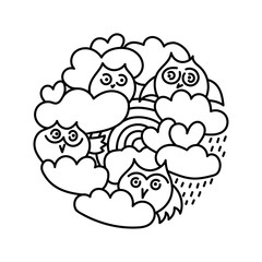 Cute owls in the clouds, rainbow, hearts. Hand drawn vector illustration