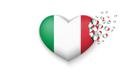 With love to Italy country. The national flag of Italy fly out small hearts on white background