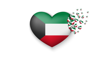 National flag of Kuwait in heart illustration. With love to Kuwait country. The national flag of Kuwait fly out small hearts on white background