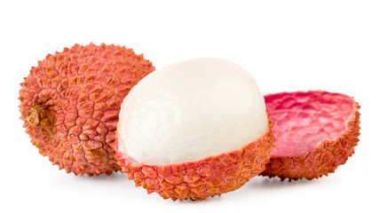 Ripe lychee cleaned half on a white, isolated.