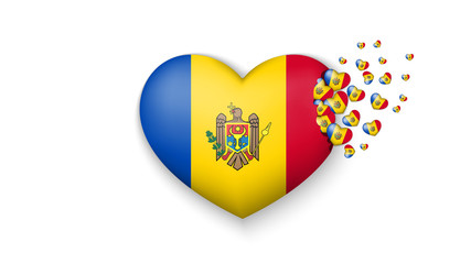 With love to Moldova country. The national flag of Moldova fly out small hearts on white background