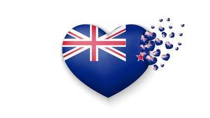 Fototapeta premium National flag of New Zealand in heart illustration. With love to New Zealand country. The national flag of New Zealand fly out small hearts on white background