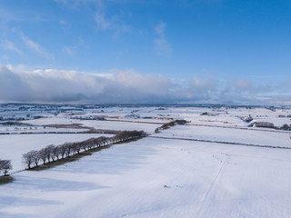 Aerial view of snowy winter landscape. Scotland, UK