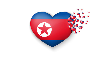 National flag of North Korea in heart illustration. With love to North Korea country. The national flag of North Korea fly out small hearts on white background