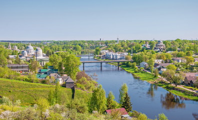 Fototapeta na wymiar The old little provincial Russian town of Torzhok on the river Tvertsa