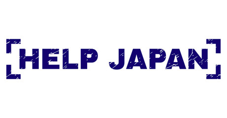 HELP JAPAN caption seal stamp with corroded texture. Text title is placed between corners. Blue vector rubber print of HELP JAPAN with corroded texture.