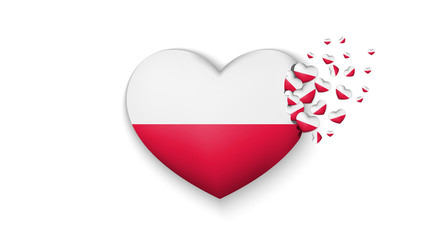 National flag of Poland in heart illustration. With love to Poland country. The national flag of Poland fly out small hearts on white background