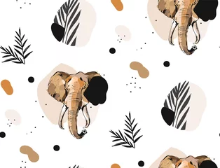 Vlies Fototapete Elefant Handgezeichnete Vektor abstrakte kreative grafische künstlerische Illustrationen nahtlose Collage Muster mit Skizze Elefant Zeichnung und tropischen Palmblättern in Stammesmotiv isoliert auf weißem Hintergrund