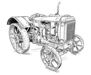 Fototapeta na wymiar Old vintage tractor vector pen and ink illustration. Tractor was made in Chicago, Illinois, United States or USA from 1938 to 1939 or 30's.